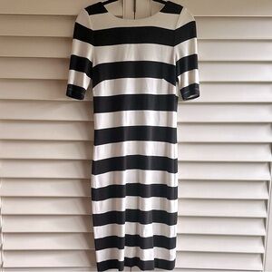 Banana Republic Black & White Striped Bodycon Midi Dress with Elbow Sleeves Sz 4